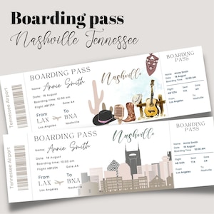 Printable and editable Nashville Tennessee Surprise boarding pass ticket, trip ticket to Nashville ,Vacation ticket , Boarding Pass template