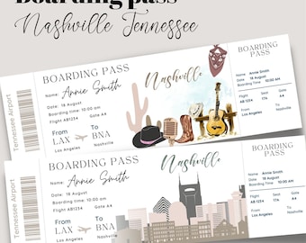 Wydrukowalny i edytowalny bilet pokładowy Nashville Tennessee Surprise, bilet na wycieczkę do Nashville, bilet wakacyjny, szablon karty pokładowej
