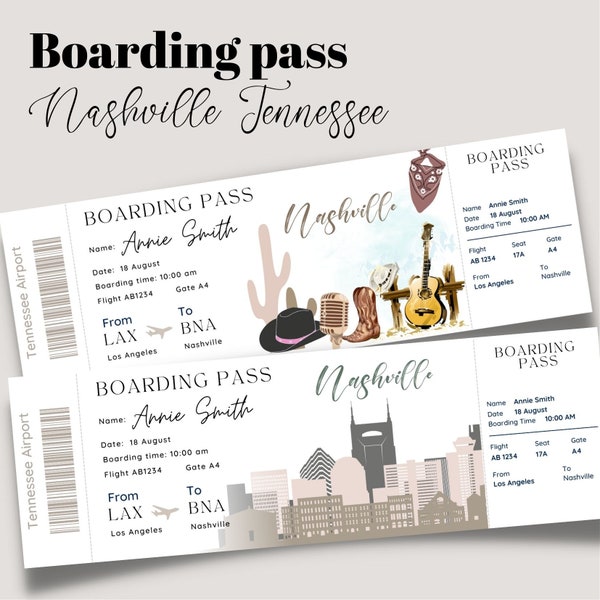 Printable and editable Nashville Tennessee Surprise boarding pass ticket, trip ticket to Nashville ,Vacation ticket , Boarding Pass template