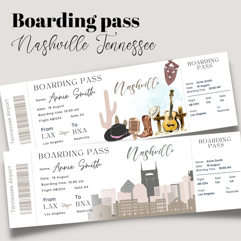 Printable and editable Nashville Tennessee Surprise boarding pass ticket, trip ticket to Nashville ,Vacation ticket , Boarding Pass template image 1