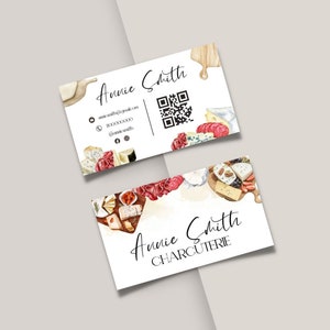 Modello di progettazione biglietto da visita modificabile per salumi con codice QR, biglietto da visita per tagliere di formaggi, biglietto da visita per tagliere da pascolo, carta di vino e formaggio