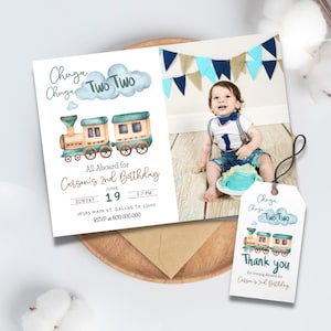Editable and Printable Chugga Chugga Two Two Train Birthday photo Invitation, Second Birthday Invite Editable, All Aboard Boys Train 2nd