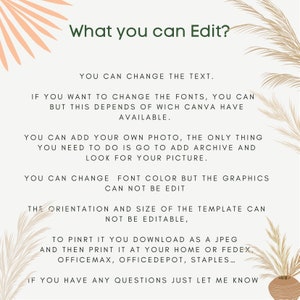 Pu&ograve; includere: Una grafica di testo con un titolo verde "What you can Edit?" e istruzioni su come modificare un modello. Il testo dice che puoi cambiare il testo, i font, aggiungere la tua foto, cambiare il colore del font, ma la grafica, l'orientamento e le dimensioni del modello non possono essere modificati. Dice anche che puoi scaricare il modello come JPEG e stamparlo a casa o presso FedEx, OfficeMax, Office Depot o Staples. La grafica ha uno sfondo beige con un design a foglia di palma color pesca nella parte superiore e inferiore.