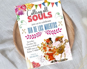 May include: A colorful invitation to a Dia de los Muertos celebration. The invitation features a skeleton couple playing music, flowers, and the text "Calling all SOULS join us to celebrate DIA DE LOS MUERTOS".