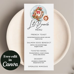 Modelo minimalista de menu digital de waffle Brunch, modelo para impressão de menu de brunch, download instantâneo, modelo editável de menu de café da manhã