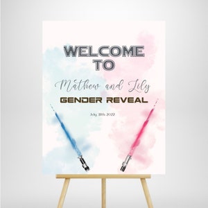 Printable and electronic Pink or Blue light sword gender reveal Welcome Sign, Boy ir Girl Space gender reveal theme, Star Baby gender sign