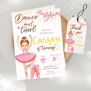 Editable Ballerina Birthday Invitation Template Printable, Ballet Birthday Invite, Editable Ballerina invitation, thank you tag template
