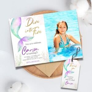 Editable and printable Dive into five Mermaid photo invitation template, Mermaid invitation, under the Sea birthday party, thank you tag