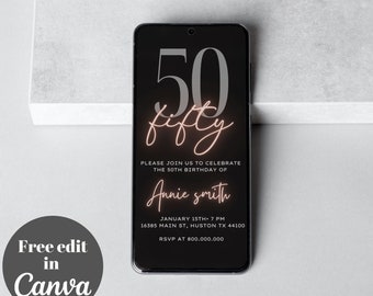 Elegant 50th Birthday Invitation for Women, minimalist 50th Birthday Invitation, Editable Invitation, Mobile invitation, Fifty and Fabulous