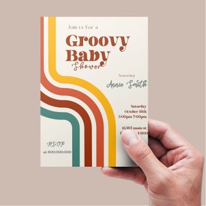 May include: A retro-style baby shower invitation with a groovy font and colorful curved lines. The invitation reads "Join us for a Groovy Baby Shower honoring Annie Smith" and includes the date, time, and location of the event. RSVP information is also included.