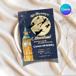 Modèle imprimable d&#39;invitation à une fête de Peter Pan, invitation à une fête d&#39;anniversaire de Peter Pan Neverland, anniversaire de ne jamais grandir, fête d&#39;anniversaire de Peter