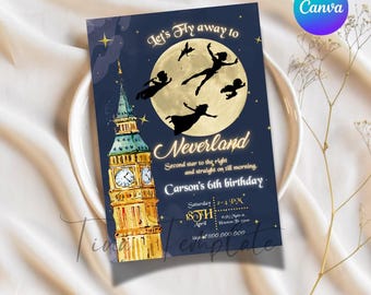 May include: A blue and gold invitation card with a silhouette of Peter Pan and the Lost Boys flying over a full moon. The card features a watercolor illustration of Big Ben and the text "Let's Fly Away to Neverland" and "Carson's 6th Birthday".