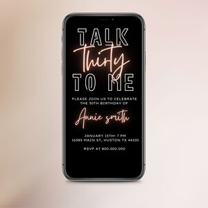 Electronic 30th Birthday invitation template, Iphone text invitation for her, talk thirty to me neon light birthday, women birthday, text