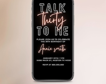 Electronic 30th Birthday invitation template, Iphone text invitation for her, talk thirty to me neon light birthday, women birthday, text