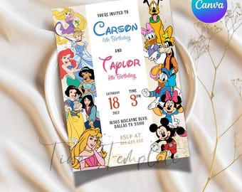 Convite editável para festa de aniversário de princesa e rato, convite para aniversário de irmãos, aniversário duplo, convite com dois temas, festa de aniversário de gêmeos