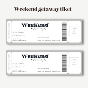 Editable and printable weekend getaway ticket template, modern Retro vacation ticket design, invitation gift, Surprise Getaway gift coupon