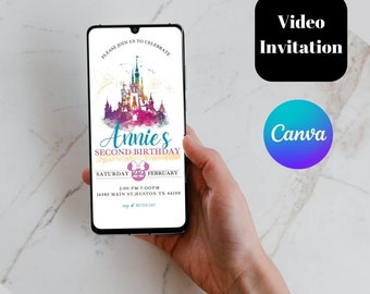 Modèle d'invitation vidéo modifiable pour le royaume d'anniversaire magique, tout âge Invitation animée d'anniversaire du château de Cendrillon, anniversaire de princesse