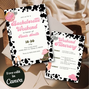 Editable and Printable Cowgirl Bachelorette Party Invite, Disco Bachelorette Party weekend, Last Rodeo Nashville Bachelorette pink and cow