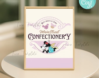 Plantilla de letrero de confitería de Minnie, Confitería Main Street, Decoración para fiesta de cumpleaños de Minnie, Baby Shower de Minnie, Decoración para fiesta de Disneyland