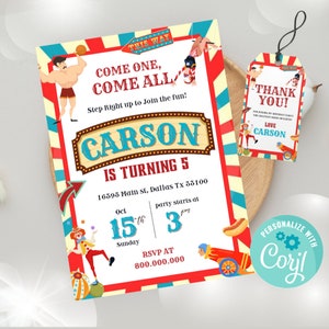 Invitation modifiable de fête d’anniversaire de cirque, invitation de fête d’anniversaire de carnaval, anniversaire de cirque, carte de remerciement de cirque Téléchargement instantané Corjl