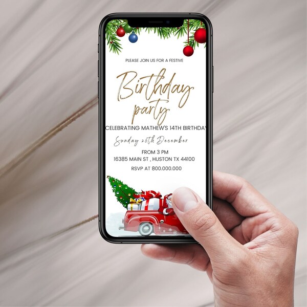 Christmas Birthday party celebration mobile template, Editable Christmas theme party for boy invitation, Iphone Xmas party invite, kid party