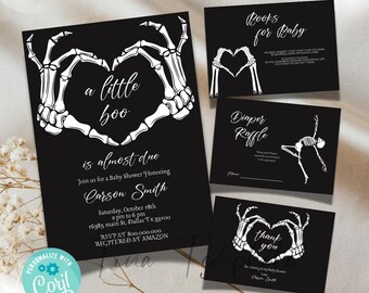 May include: Black and white baby shower invitation with a skeleton hand heart design. The invitation says "a little boo is almost due" and includes the name Carson Smith, the date and time of the shower, and the address. The invitation also includes information about the registry and RSVP.