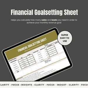 Op de afbeelding: Een digitaal werkblad met de titel "Financiële doelstellingsblad" helpt je om je verkoop- en omzetdoelen bij te houden. Het werkblad bevat kolommen voor de prijs, het aantal klanten, de maandelijkse terugkerende omzet, het percentage van het totaal, het conversieratio en het aantal leads.