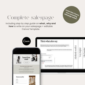Op de afbeelding: Een mockup van een telefoon- en laptopscherm met een verkooppagina-sjabloon voor een online cursus. De sjabloon bevat een titel, een beschrijving, een call-to-action en testimonials. De tekst op het telefoonscherm luidt "Naam van je cursus". De tekst op het laptopscherm luidt "Dit is wat anderen zeggen".