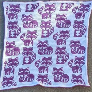 May include: A white crocheted blanket with a purple repeating pattern of raccoons.