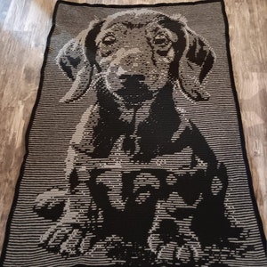 Op de afbeelding: Een zwart-grijze gebreide deken met een gedetailleerde afbeelding van een teckel. De hond is afgebeeld in een gestileerd, gepixeld ontwerp, met een horizontaal gestreepte achtergrond. De deken heeft een zwarte rand.