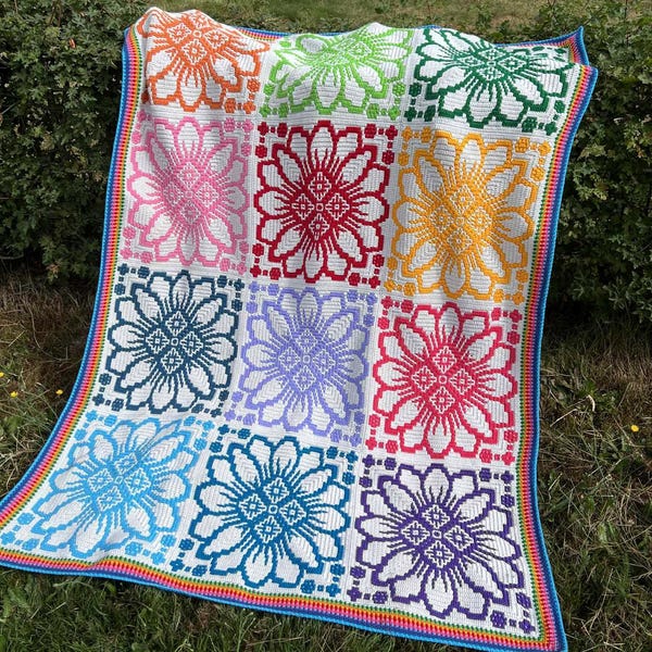 SummerJoy - Mosaico all'uncinetto sovrapposto - Quadrato di fiori centrale e bordo