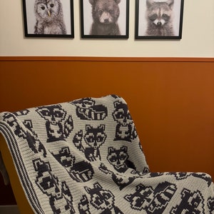 May include: A gray and black crocheted blanket with a pixelated design of raccoons. The blanket is draped over a yellow chair in front of a wall with three framed animal prints.