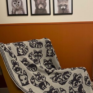 May include: A gray and black crocheted blanket with a repeating pattern of raccoons. The blanket is draped over a yellow armchair in front of a wall with three framed animal prints.
