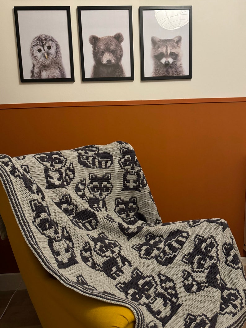 May include: A gray and black crocheted blanket with a repeating pattern of raccoons. The blanket is draped over a yellow armchair in front of a wall with three framed animal prints.
