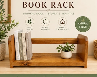 Solid Pine Freestanding Book Rack – Rustic Desk Shelf & Countertop Organiser