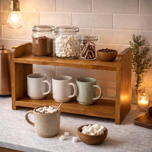 Wooden Hot Chocolate Station - Kitchen Countertop Cocoa Bar Shelf - Handmade Coffee & Cocoa Organizer