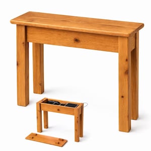 May include: A light brown wooden console table with a rectangular top and four sturdy legs. A smaller, matching table with a compartment and a removable lid is also shown. The tables are made of solid wood and have a natural finish.