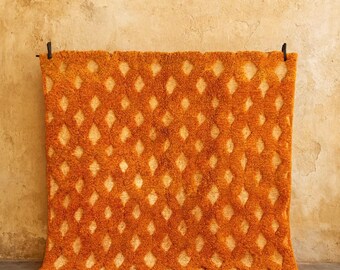 Orange Moroccan Rug – Handmade Wool Area Rug – Custom Beni Ourain Carpet – Geometric Berber Rug – Luxury Wool Moroccan Home Decor