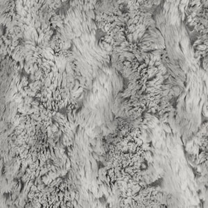 May include: Close-up of a soft, gray faux fur fabric with a fluffy texture.