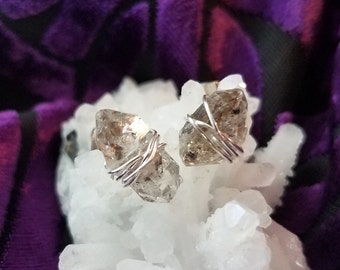 Wire Wrapped Herkimer Diamond Silver Stud Earrings - Quartz
