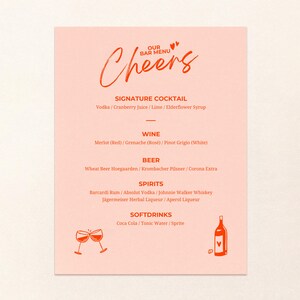 Modelo de menu de bar de casamento personalizado, menu de bebidas ilustrado, menu de casamento editável, design de menu de coquetéis personalizado