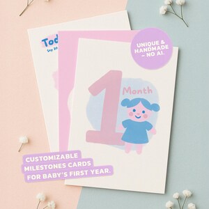 Cartes d'étapes de bébé modifiables • Modèle Canva • Téléchargement numérique • Suivi de 12 mois • Souvenir DIY • Illustrations dessinées à la main