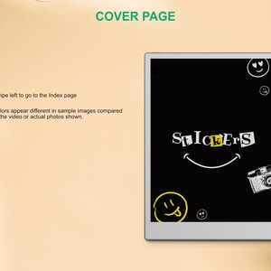 以下が含まれることがあります： デジタルタブレットには、使い古されたフォントで「STICKERS」という単語、笑顔、カメラのイラストが表示された黒い画面が表示されています。追加のスマイリーとテキストも表示されます。「COVER PAGE」という言葉が一番上にあります。