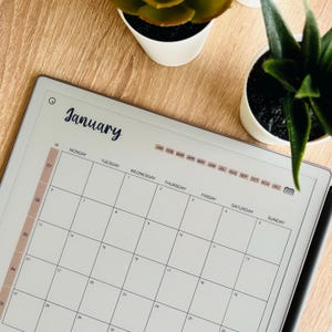 May include: A digital calendar for January with a grid layout, featuring the days of the week and dates. The word "January" is written in a cursive font. The calendar is on a light-colored surface, with small potted plants in the background.