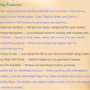 以下が含まれることがあります： 「Key Features」というタイトルのデジタル製品の概要。テキストは、カラー、白黒、アウトラインのスタイルで500以上のユニークなステッカー要素について説明しています。機能には、整理されたセクション、ハイパーリンクナビゲーション、reMarkableデバイスとの互換性が含まれます。