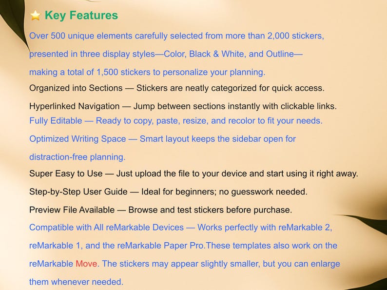 以下が含まれることがあります： 「Key Features」というタイトルのデジタル製品の概要。テキストは、カラー、白黒、アウトラインのスタイルで500以上のユニークなステッカー要素について説明しています。機能には、整理されたセクション、ハイパーリンクナビゲーション、reMarkableデバイスとの互換性が含まれます。