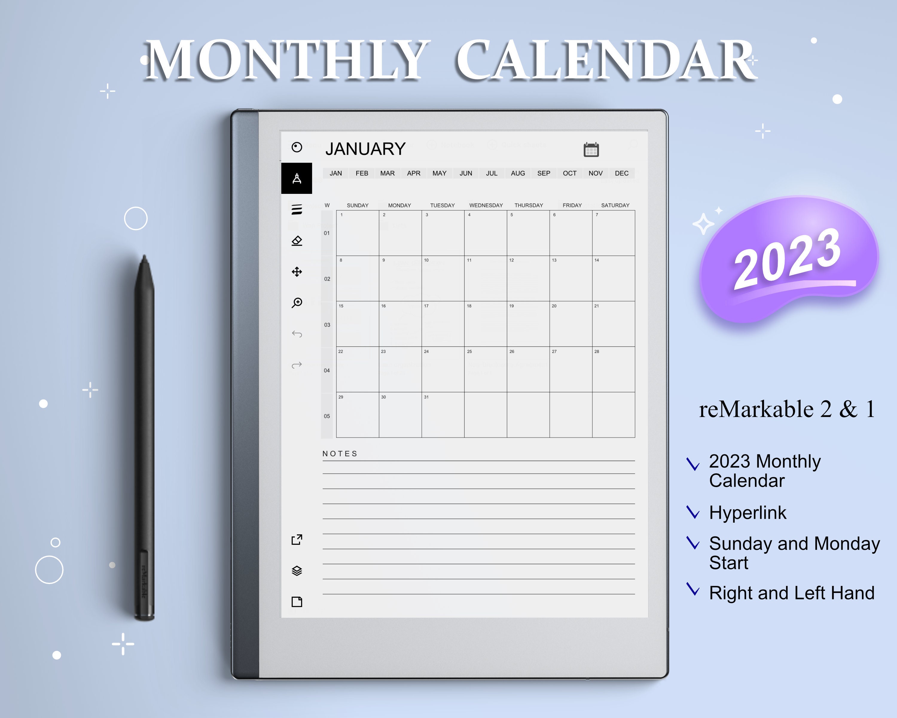 Remarkable 2 Templates Monthly Calendar 2023 Hyperlinked Etsy