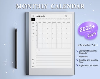 reMarkable 2 Templates Monthly Calendar 2023 and 2024 | Hyperlinked | Sunday and Monday Start | compatible with reMarkable 1.