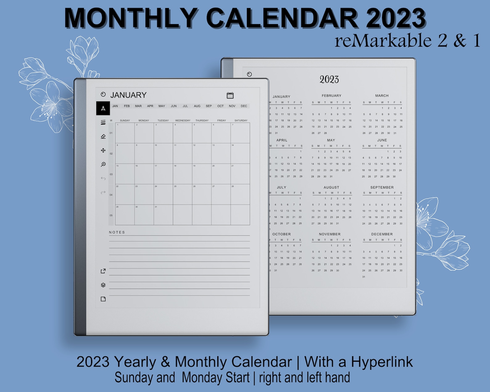 Remarkable 2 Templates Monthly Calendar 2023 Hyperlinked Etsy