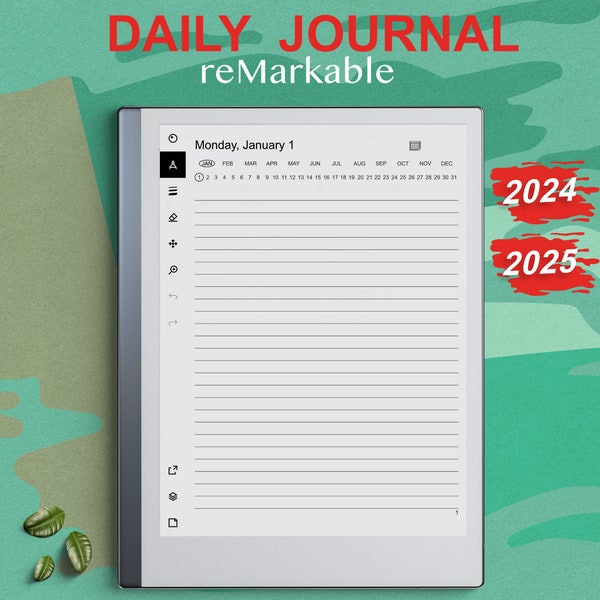 reMarkable 2 Templates Daily Journal 2024 and 2025, Hyperlinked, Sunday & Monday Start, 4 Daily Layouts, Compatible with reMarkable 1